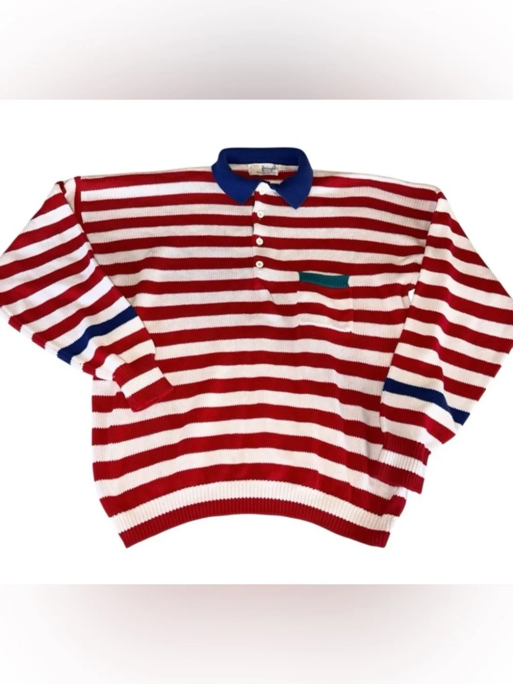 Vtg 80’s Pringle of Scotland Knit Polo Sweater Red White Stripe Retro Preppy XL